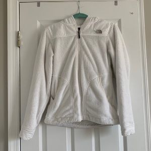 White fuzzy North Face with hood